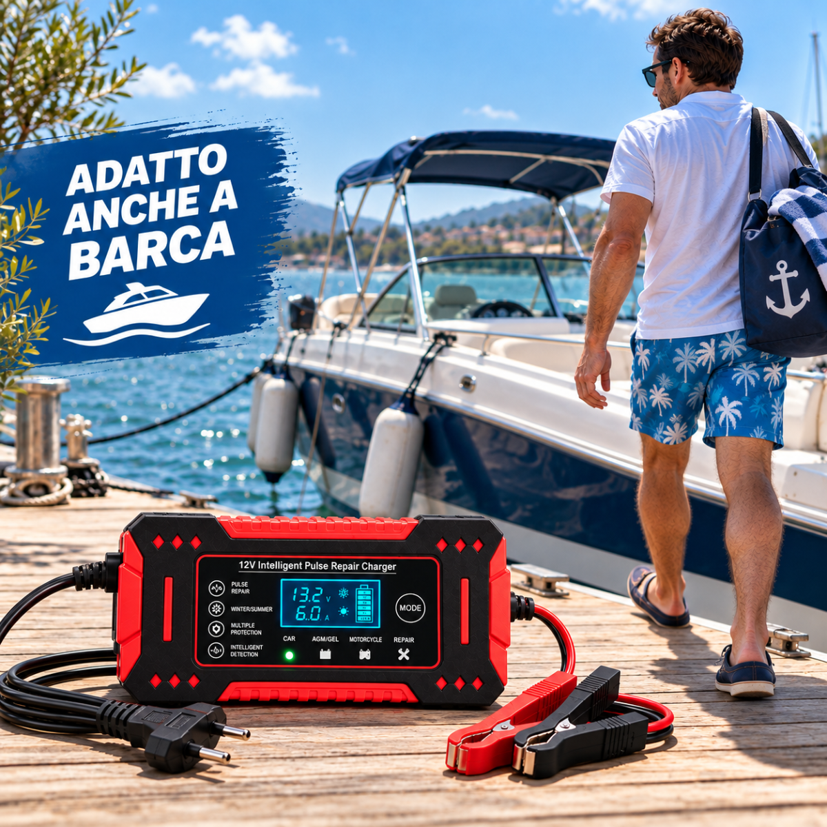 Caricabatterie Intelligente Auto e Moto 12V con Display Digitale LCD, Riparazione a Impulsi, Protezione Automatica e Morsetti – Nero e Rosso - | Prendilo Subito