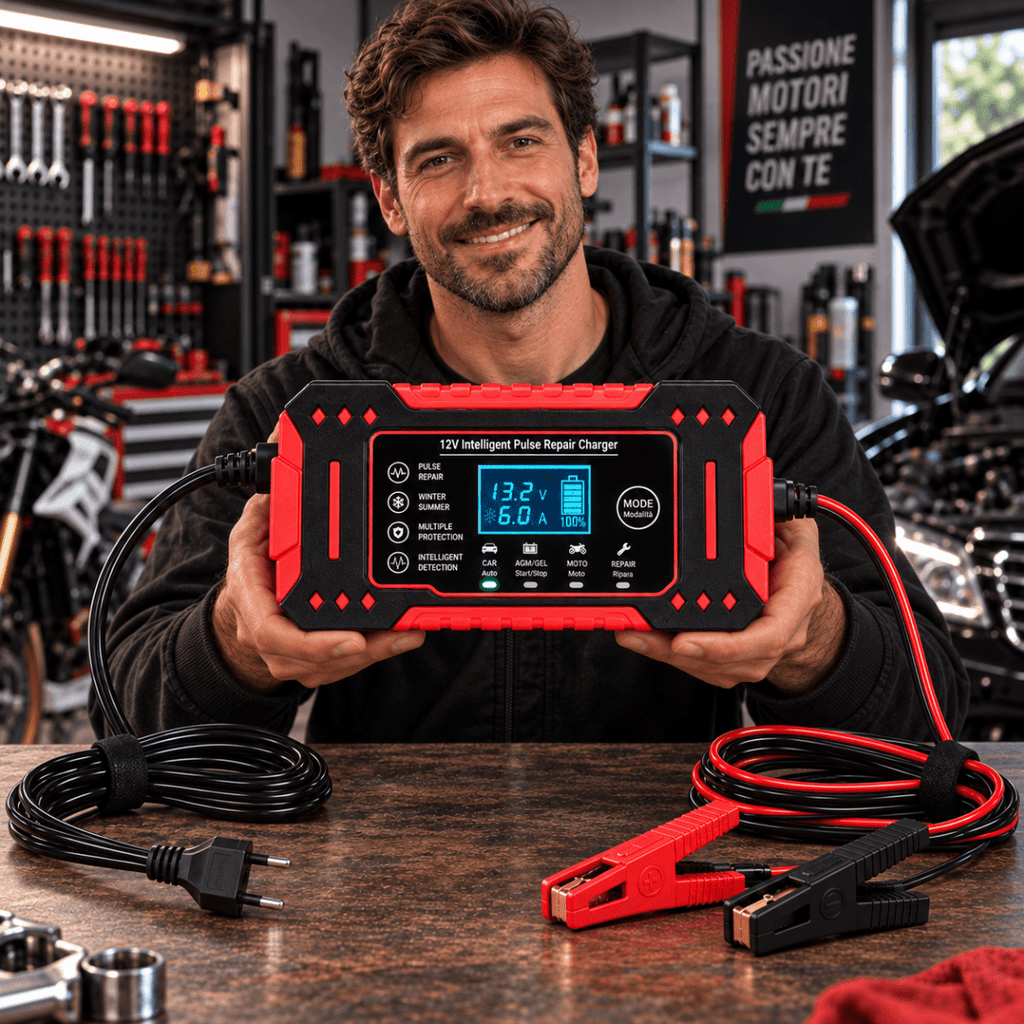 Caricabatterie Intelligente Auto e Moto 12V con Display Digitale LCD, Riparazione a Impulsi, Protezione Automatica e Morsetti – Nero e Rosso - | Prendilo Subito