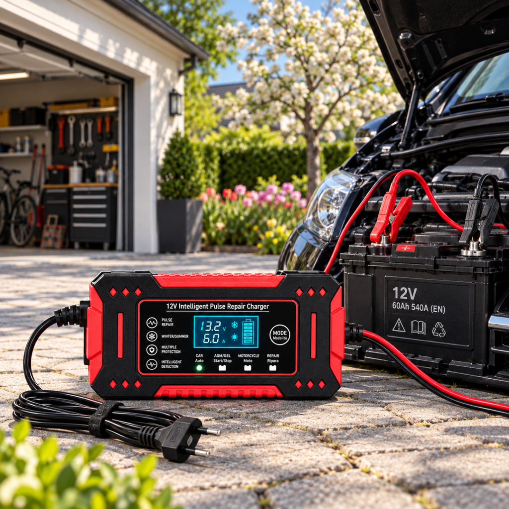 Caricabatterie Intelligente Auto e Moto 12V con Display Digitale LCD, Riparazione a Impulsi, Protezione Automatica e Morsetti – Nero e Rosso - | Prendilo Subito