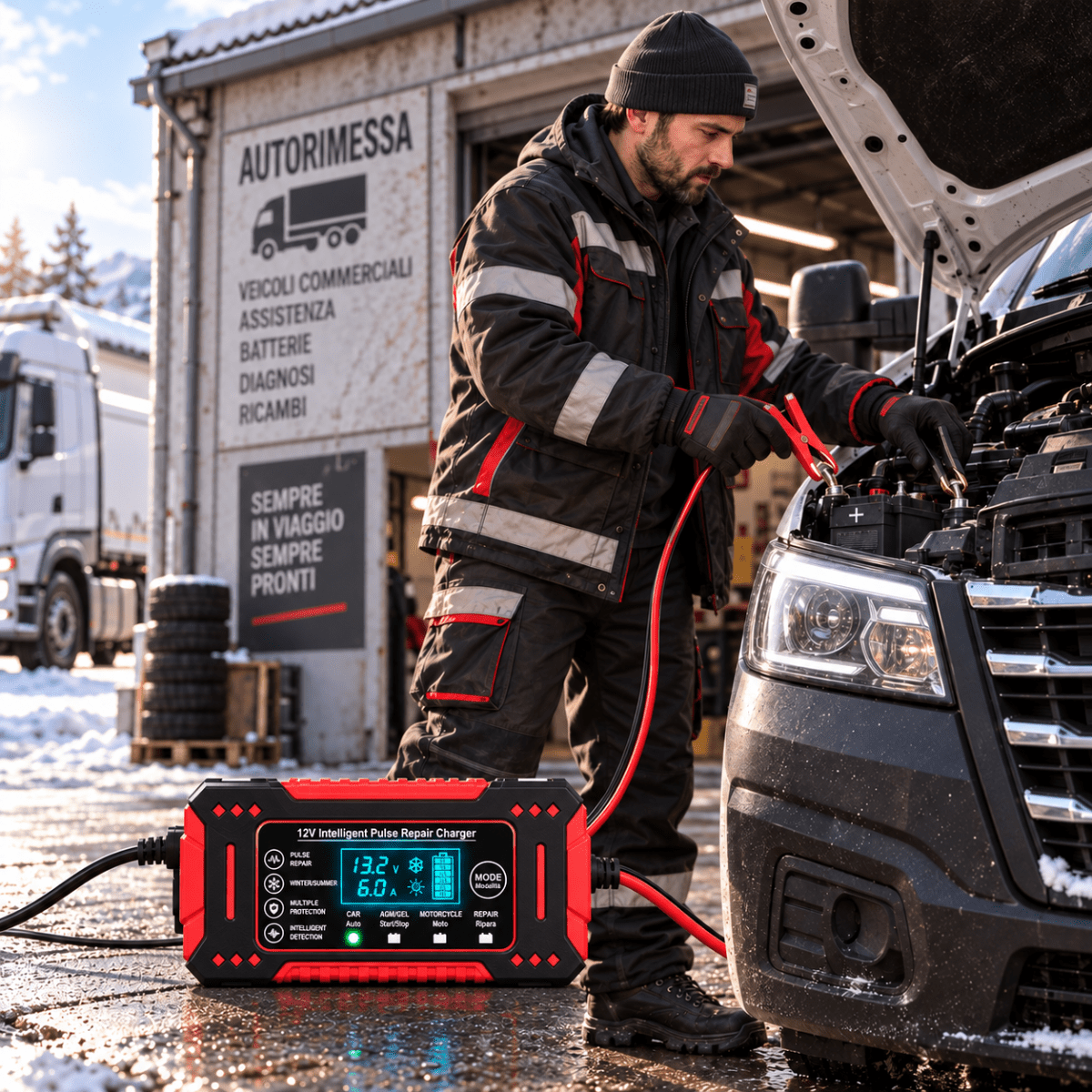 Caricabatterie Intelligente Auto e Moto 12V con Display Digitale LCD, Riparazione a Impulsi, Protezione Automatica e Morsetti – Nero e Rosso - | Prendilo Subito