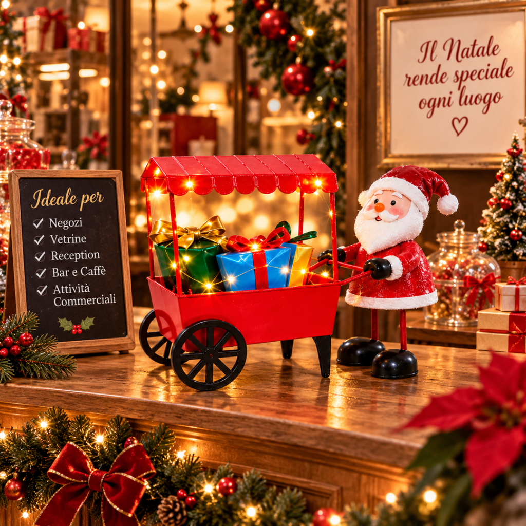 Carrello Natalizio Decorativo con Luci LED Bianco Caldo 24 cm Bancarella Rossa con Regali e Personaggi Natalizi Modelli Assortiti - | Prendilo Subito
