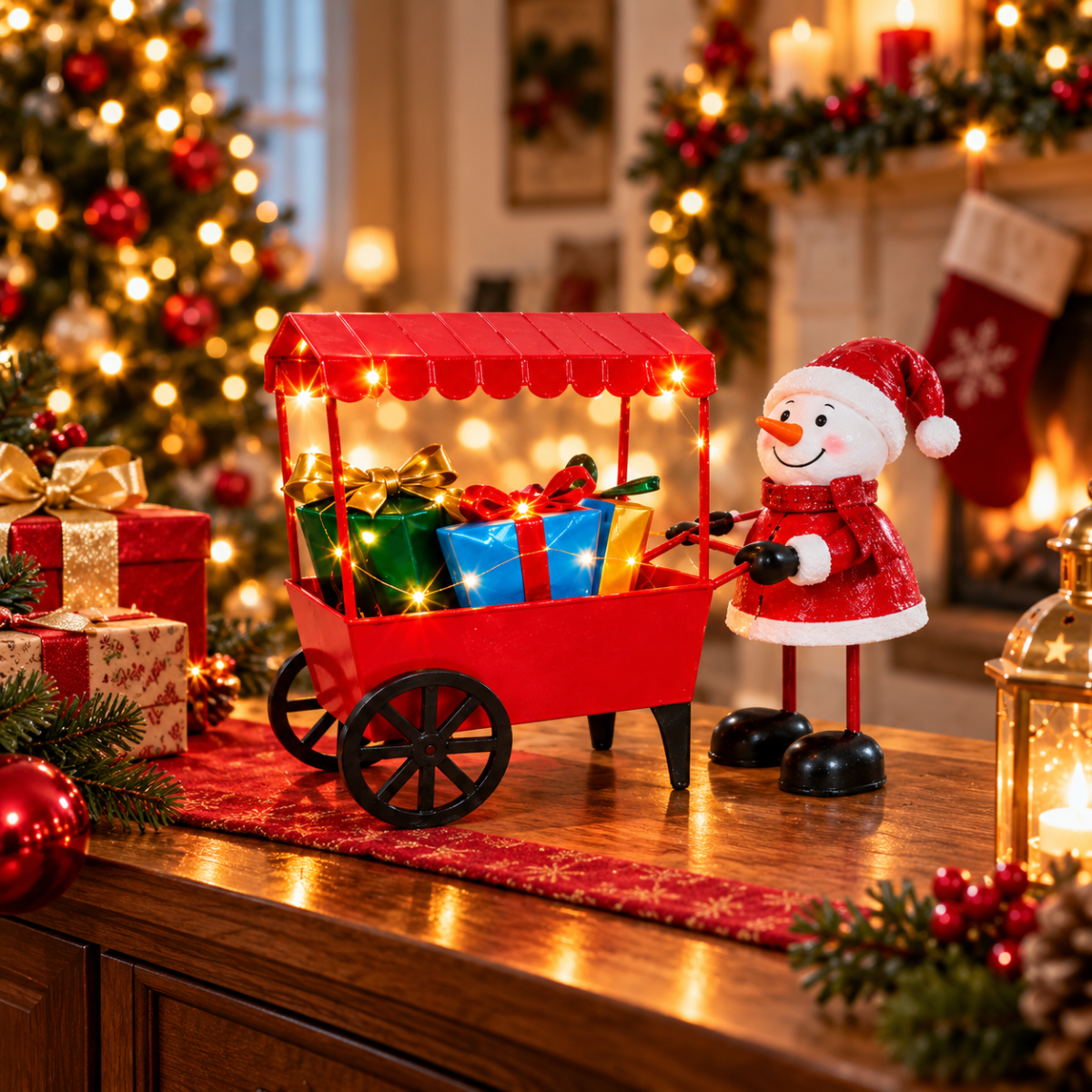 Carrello Natalizio Decorativo con Luci LED Bianco Caldo 24 cm Bancarella Rossa con Regali e Personaggi Natalizi Modelli Assortiti - | Prendilo Subito