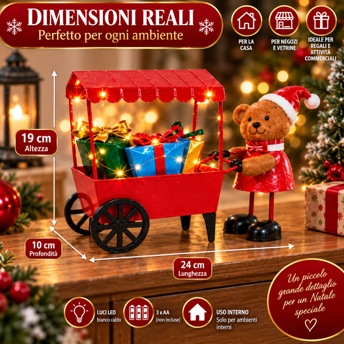 Carrello Natalizio Decorativo con Luci LED Bianco Caldo 24 cm Bancarella Rossa con Regali e Personaggi Natalizi Modelli Assortiti - | Prendilo Subito