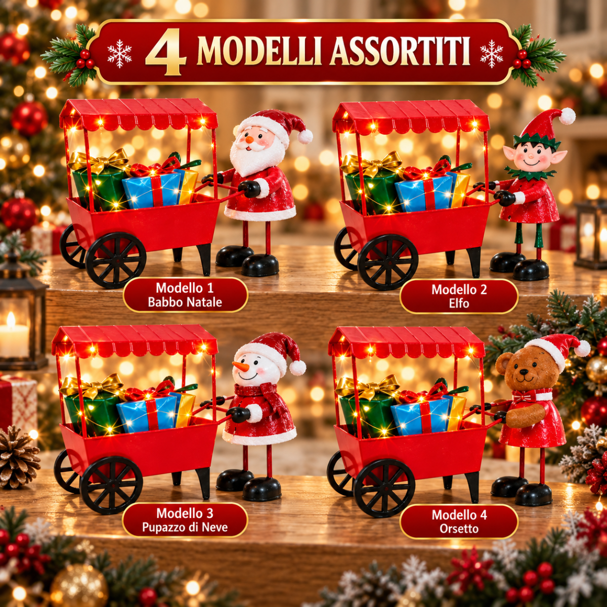 Carrello Natalizio Decorativo con Luci LED Bianco Caldo 24 cm Bancarella Rossa con Regali e Personaggi Natalizi Modelli Assortiti - | Prendilo Subito