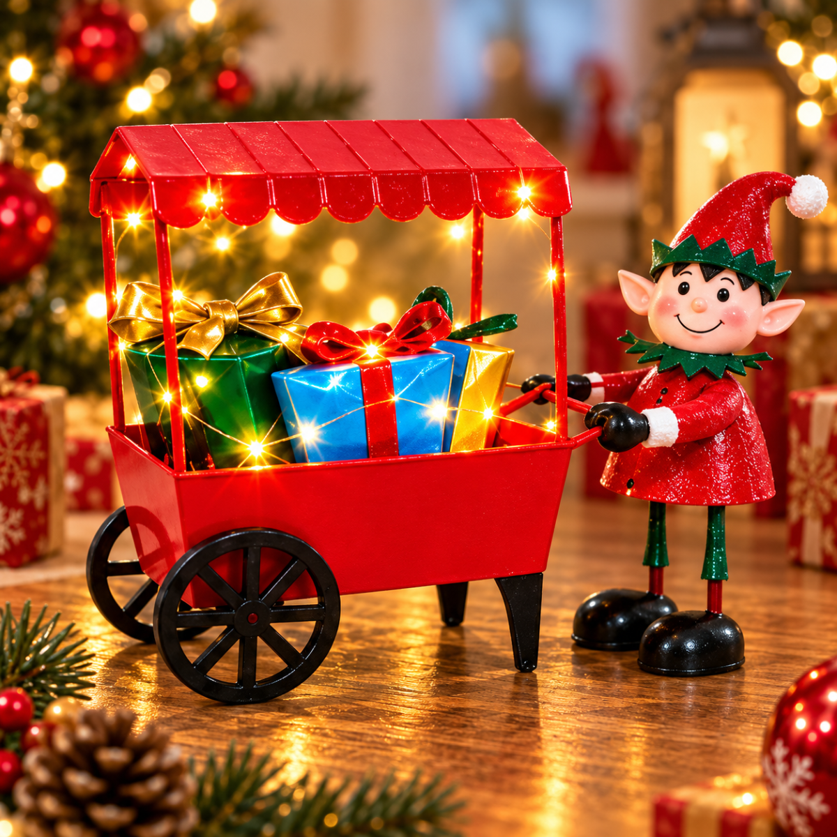 Carrello Natalizio Decorativo con Luci LED Bianco Caldo 24 cm Bancarella Rossa con Regali e Personaggi Natalizi Modelli Assortiti - | Prendilo Subito