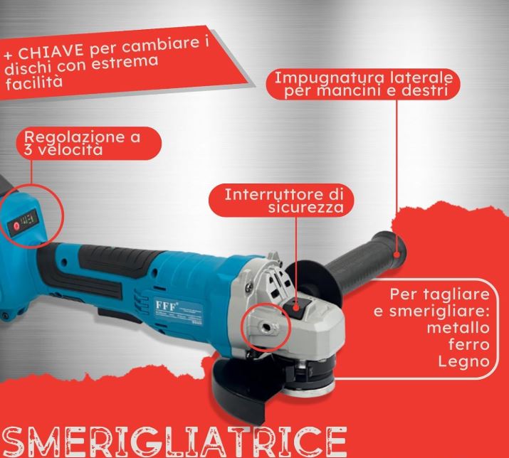 Smerigliatrice angolare a batteria blu con disco e impugnatura laterale