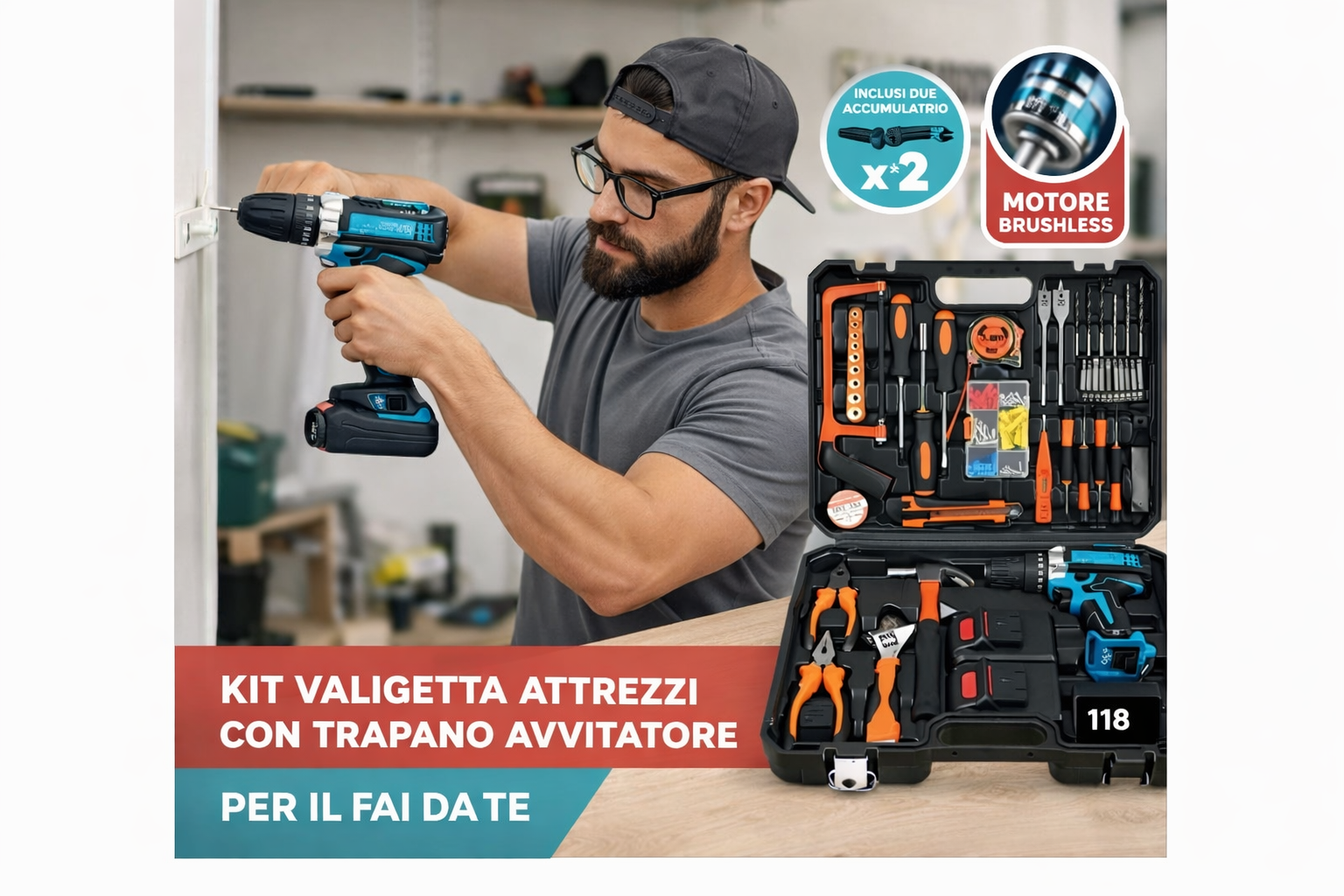 Trapano avvitatore a batteria blu/nero con valigetta attrezzi e inserti
