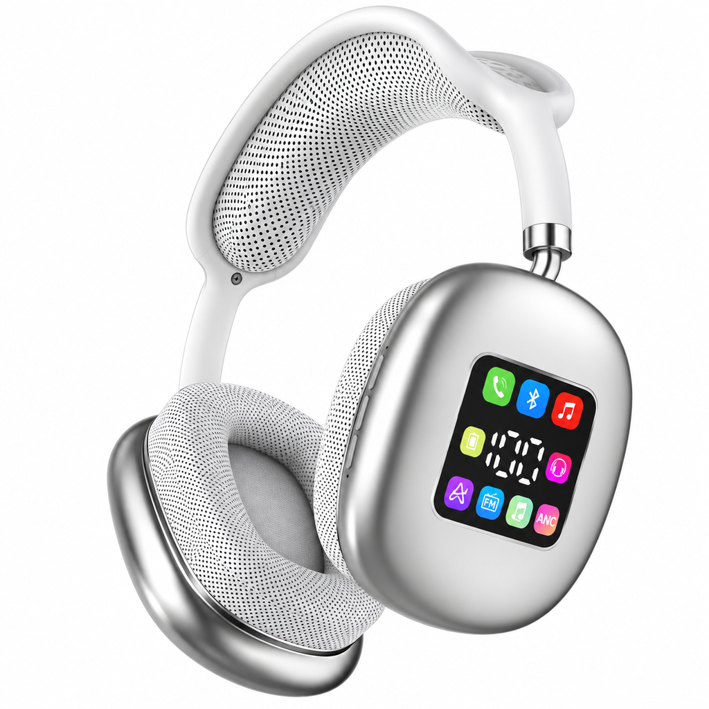 Cuffie over-ear wireless argento con display LED e pad auricolari in tessuto
