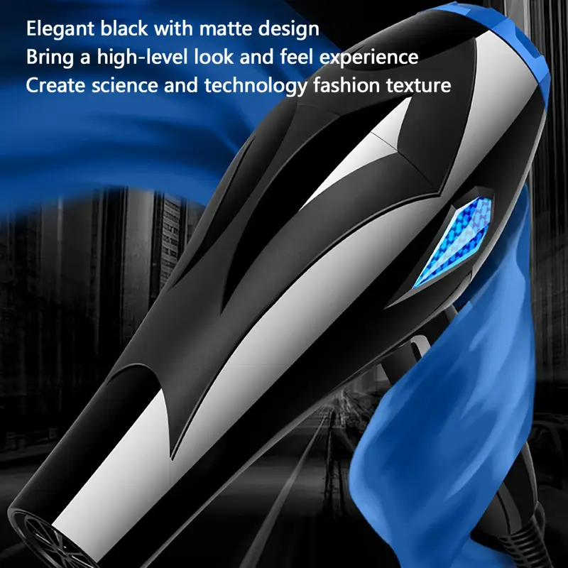 Asciugacapelli nero e grigio con accento blu, design lucido e griglia sul lato