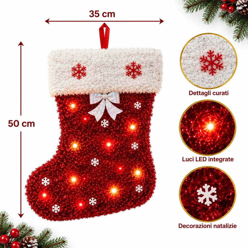 Calza natalizia rossa con bordo bianco, fiocchi di neve ricamati e luci LED