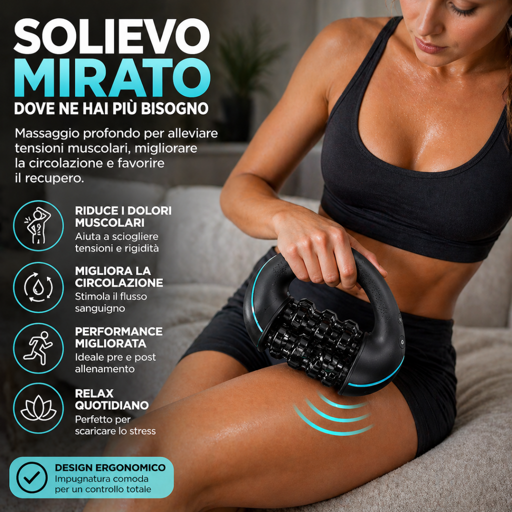 Massaggiatore muscolare elettrico nero a rulli percussivi applicato sulla coscia.