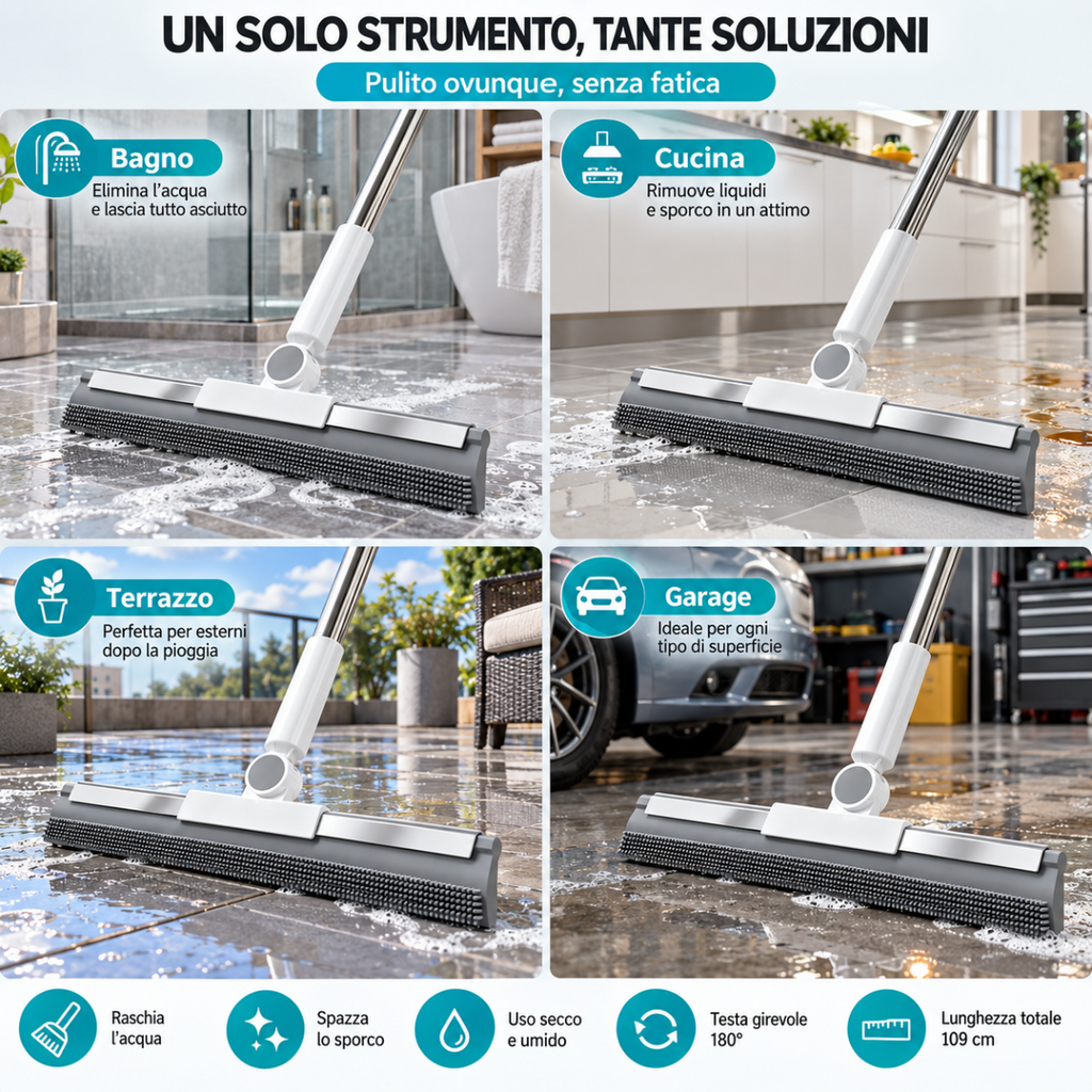 Spazzola tergipavimento 2 in 1 per bagno e cucina: testa 50 cm, manico 109 cm