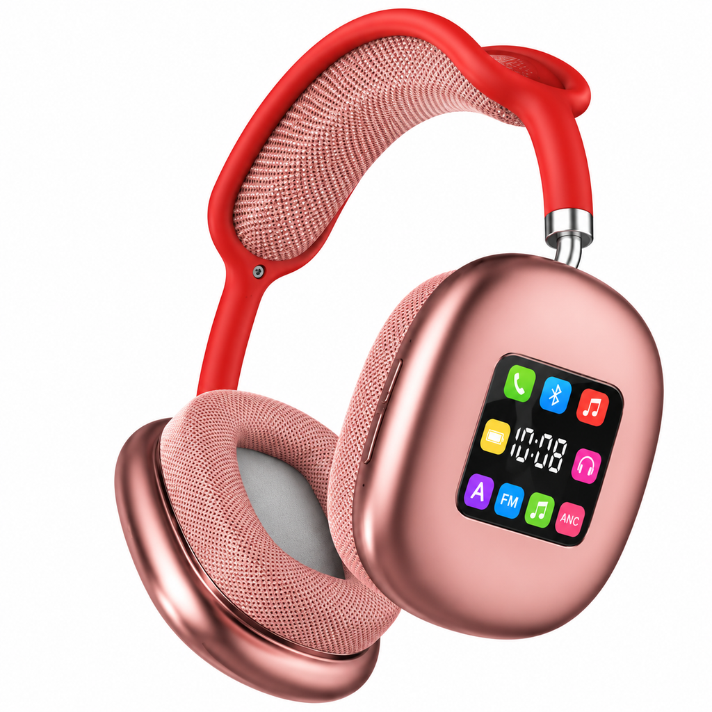 Cuffie wireless over-ear fascia rossa e pad rosé con display LED