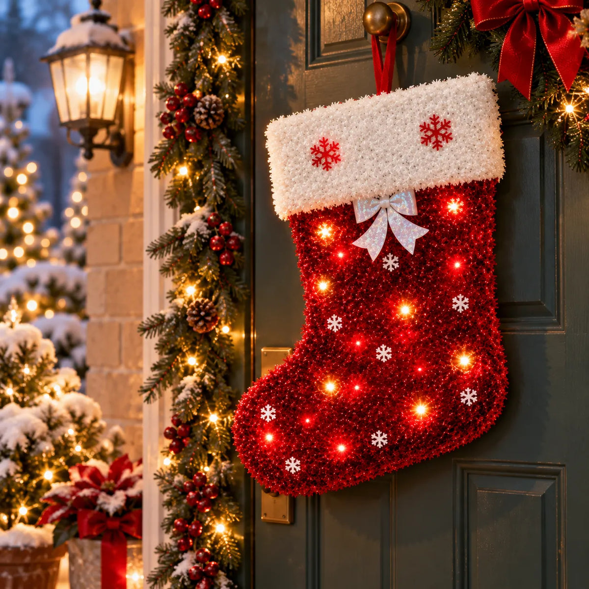 Calza di Natale rossa con bordo bianco in peluche, fiocchi di neve e luci LED