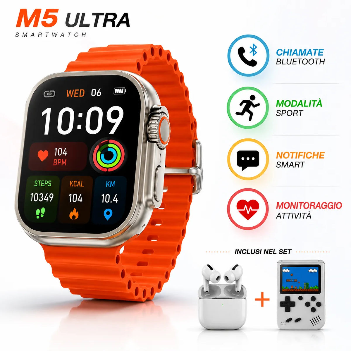 Smartwatch M5 Ultra arancione con auricolari TWS bianchi in custodia e mini console