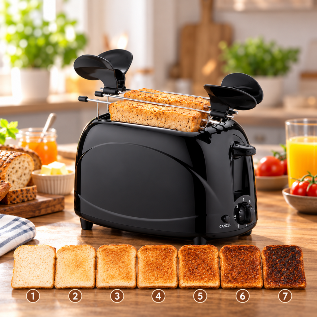 Tostapane nero su piano cucina con 2 fette di pane su griglie e impugnature laterali