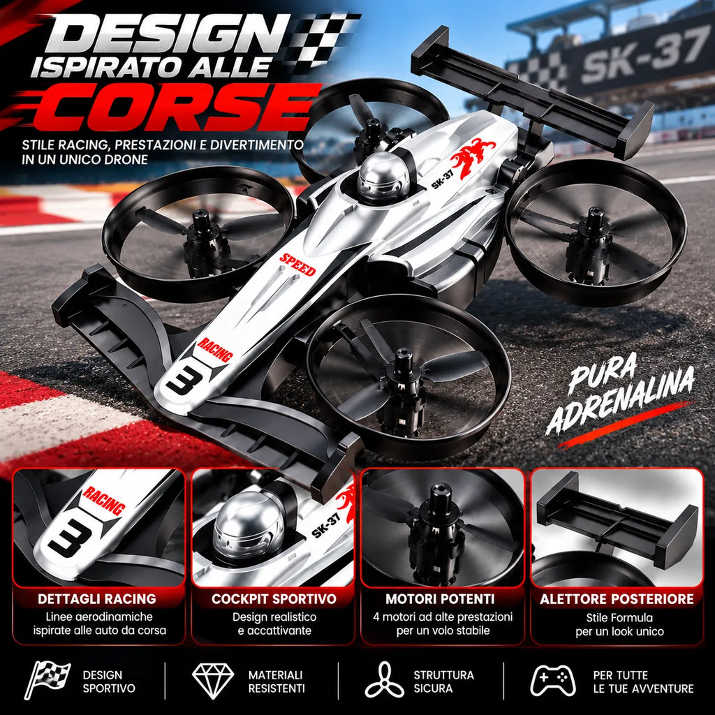 Quadricottero RC bianco con 4 eliche nere e dettagli rossi sullo scafo