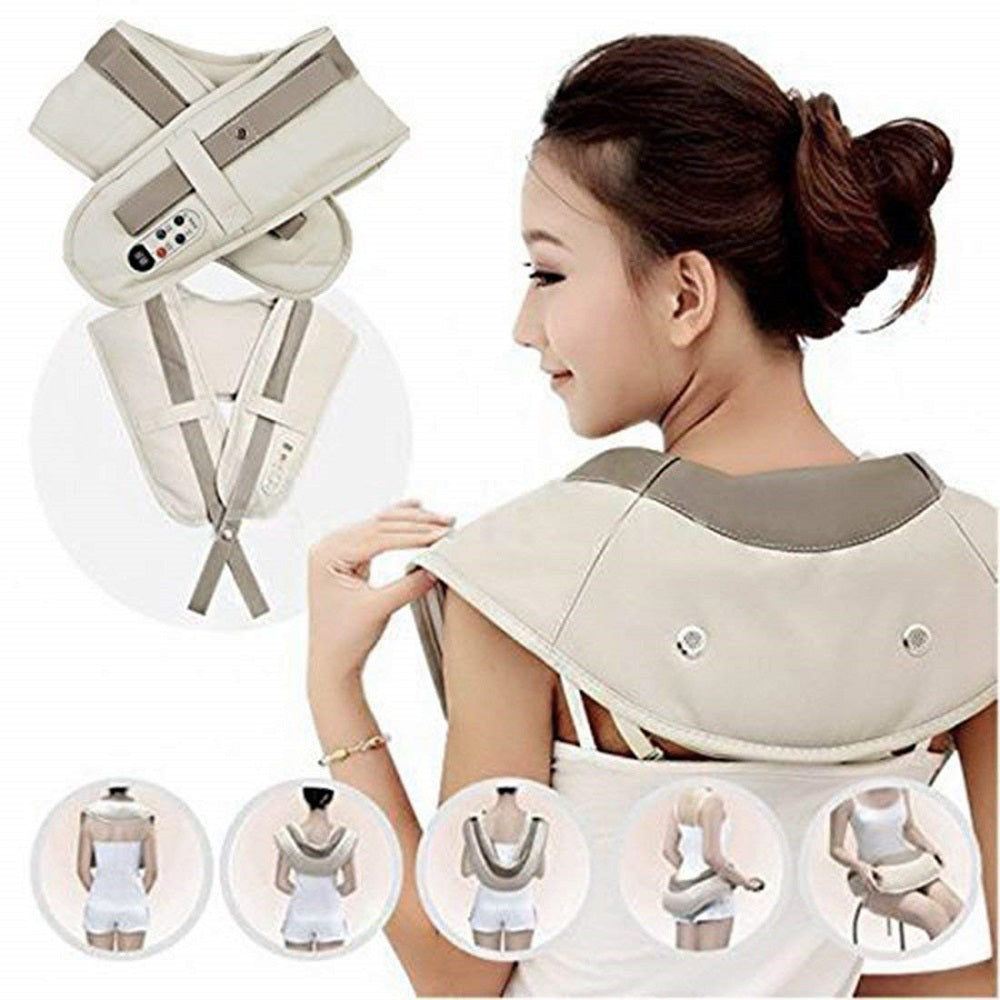 Massaggiatore cervicale beige con pannello comandi e cinghie per collo e spalle
