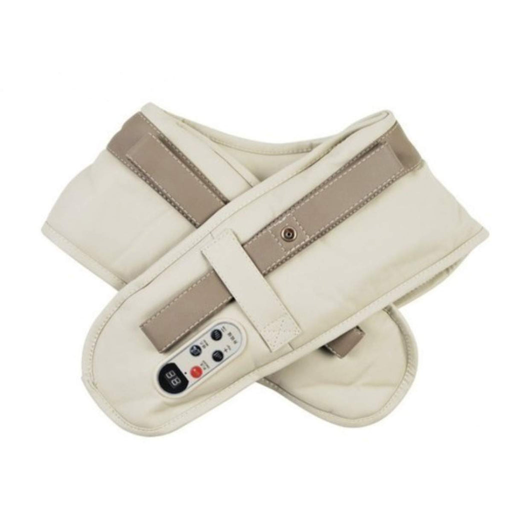 Massaggiatore cervicale beige con controller centrale e cinturino regolabile per il collo