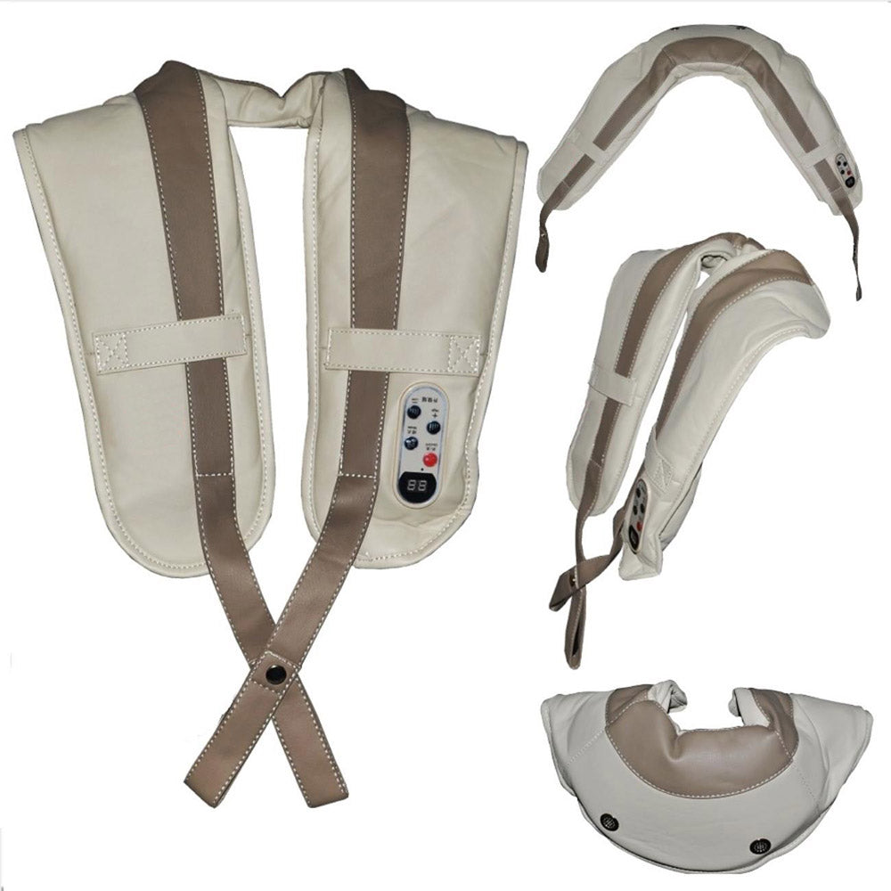 Massaggiatore cervicale beige con accessori imbottiti e cinghie incrociate per supporto