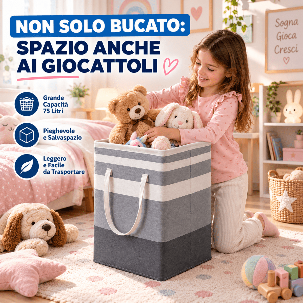 Cesto Portabiancheria Pieghevole 75 Litri con Manici – Contenitore Salvaspazio, Organizer per Bagno, Lavanderia e Camera da Letto - | Prendilo Subito