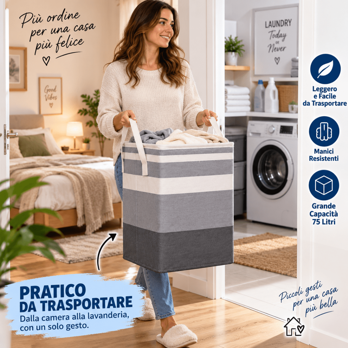 Cesto Portabiancheria Pieghevole 75 Litri con Manici – Contenitore Salvaspazio, Organizer per Bagno, Lavanderia e Camera da Letto - | Prendilo Subito