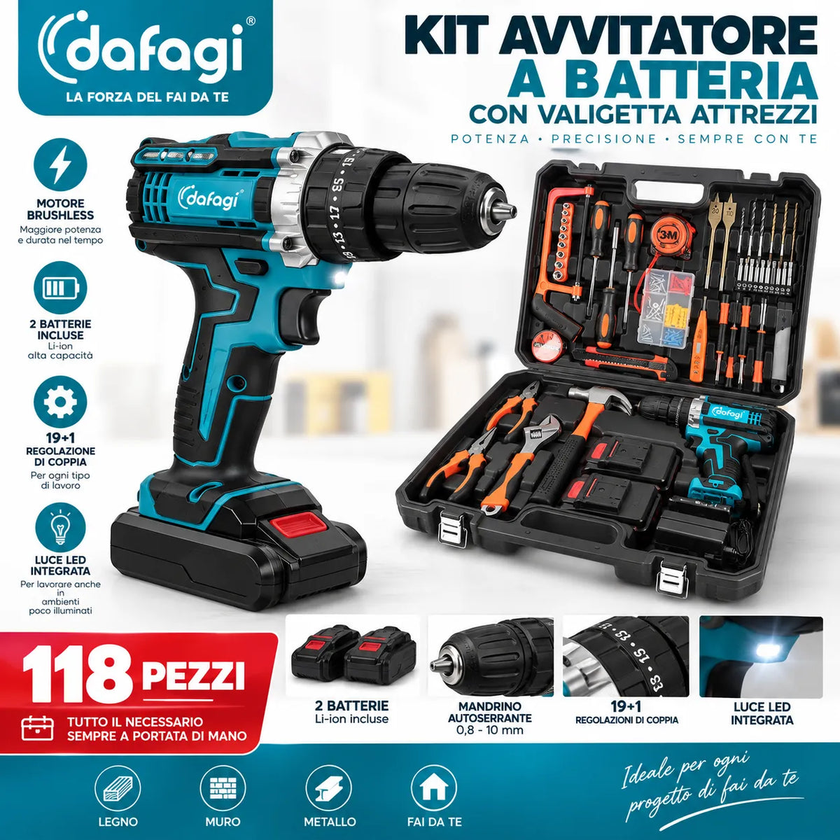 Kit avvitatore 48V con valigetta attrezzi aperta e trapano brushless nero e blu