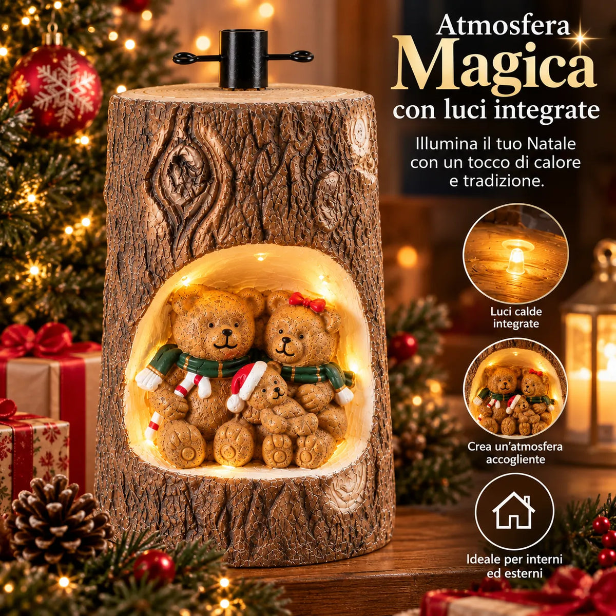 Tronco decorativo effetto legno con famiglia di orsetti illuminata dalle luci integrate