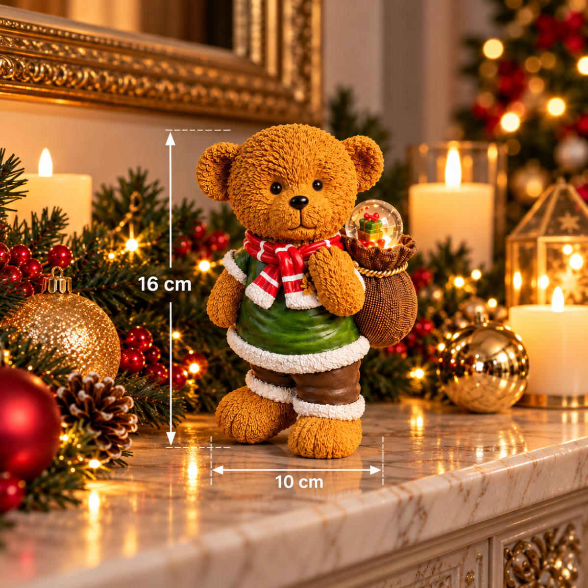 Decorazione orsetto natalizio con sfera LED e sacco, 16 cm, sciarpa rossa e gilet verde