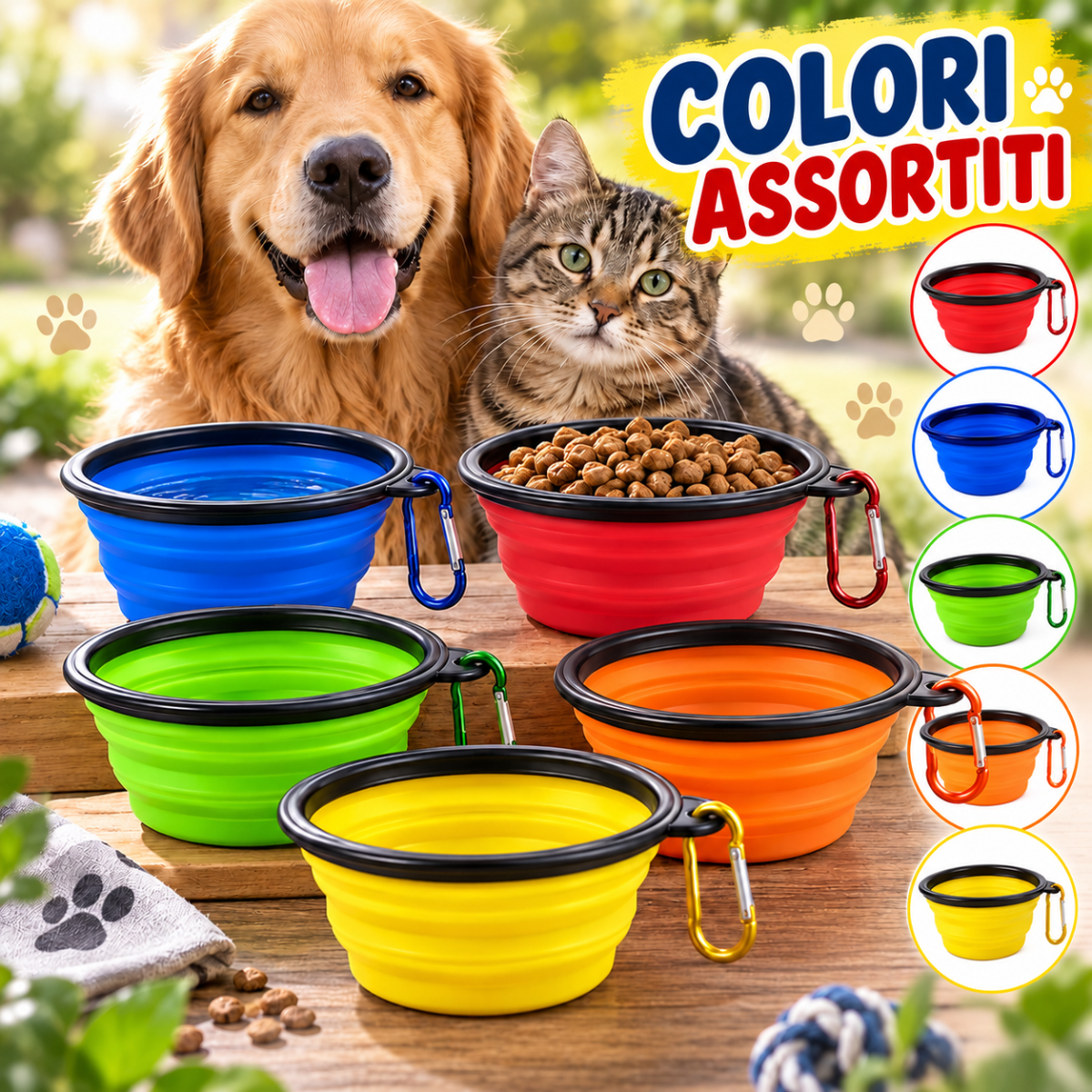 Ciotola Pieghevole per Cani e Gatti in Silicone con Moschettone Scodella Portatile da Viaggio per Acqua e Cibo Lavabile 5 Colori Assortiti - | Prendilo Subito