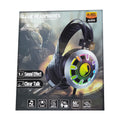 Cuffie gaming nere con microfono e luci RGB circolari, confezione.