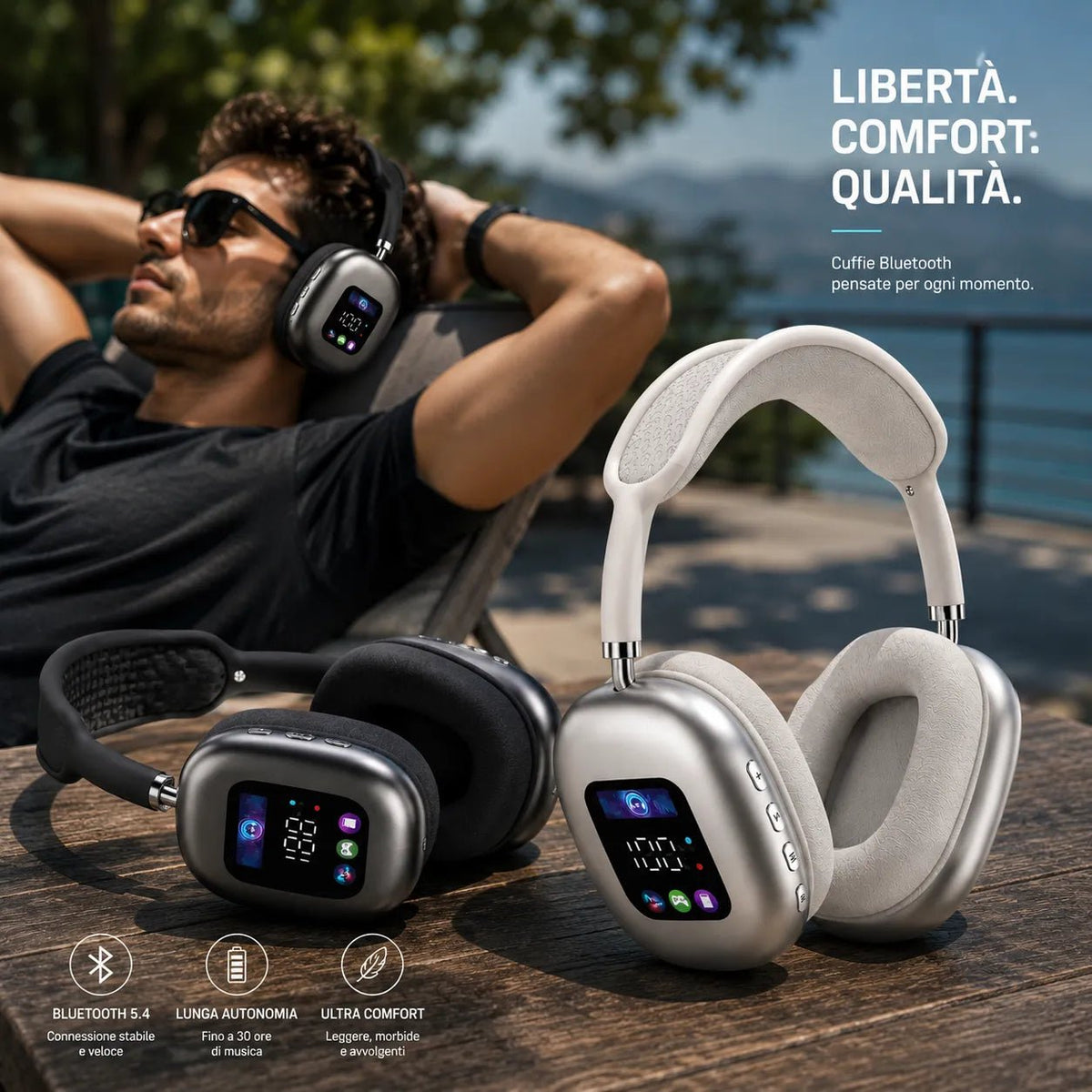 Cuffie Bluetooth Wireless 5.4 con Display Integrato – Audio Hi-Fi Stereo, Bluetooth 5.4, Microfono, Over-Ear - | Prendilo Subito