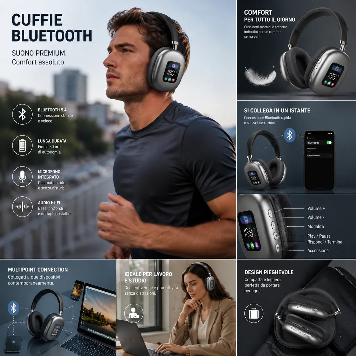 Cuffie Bluetooth Wireless 5.4 con Display Integrato – Audio Hi-Fi Stereo, Bluetooth 5.4, Microfono, Over-Ear - | Prendilo Subito