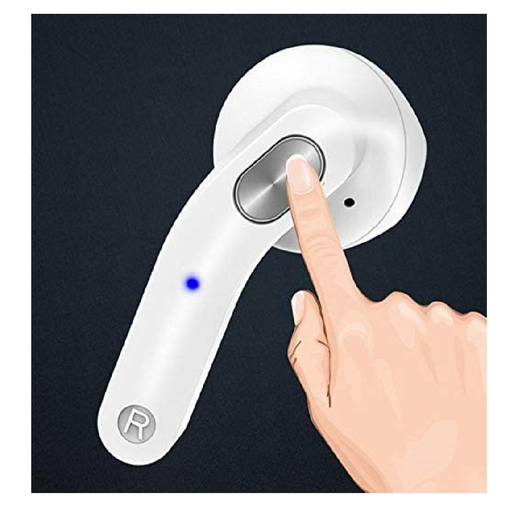Auricolare TWS bianco con touch metallico e dito sul controllo