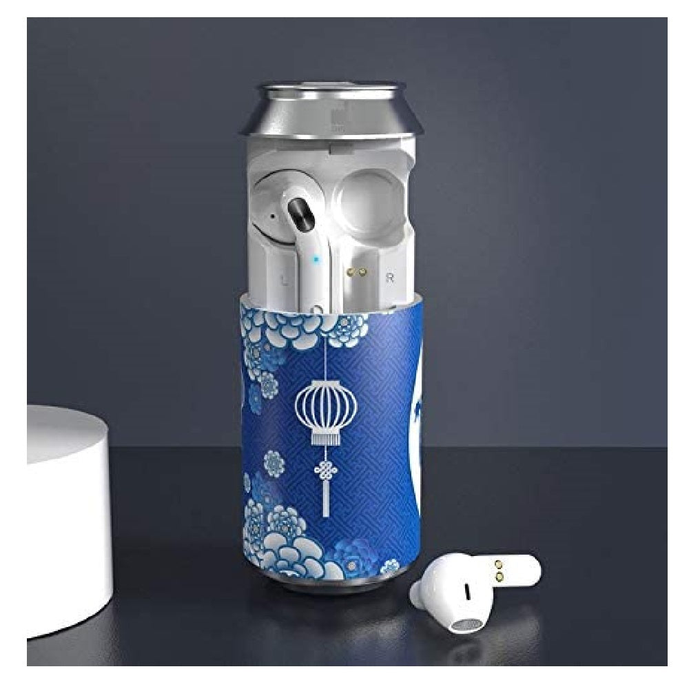 Auricolari TWS bianchi con custodia a lattina blu aperta e due auricolari