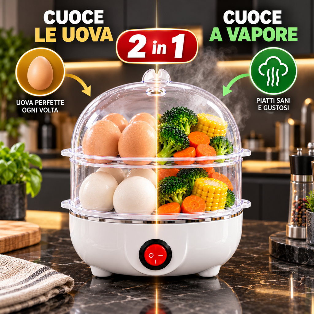 Cuociuova Elettrico 2 in 1 a Vapore Doppio Strato Fino a 14 Uova Multifunzione per Uova e Verdure - | Prendilo Subito