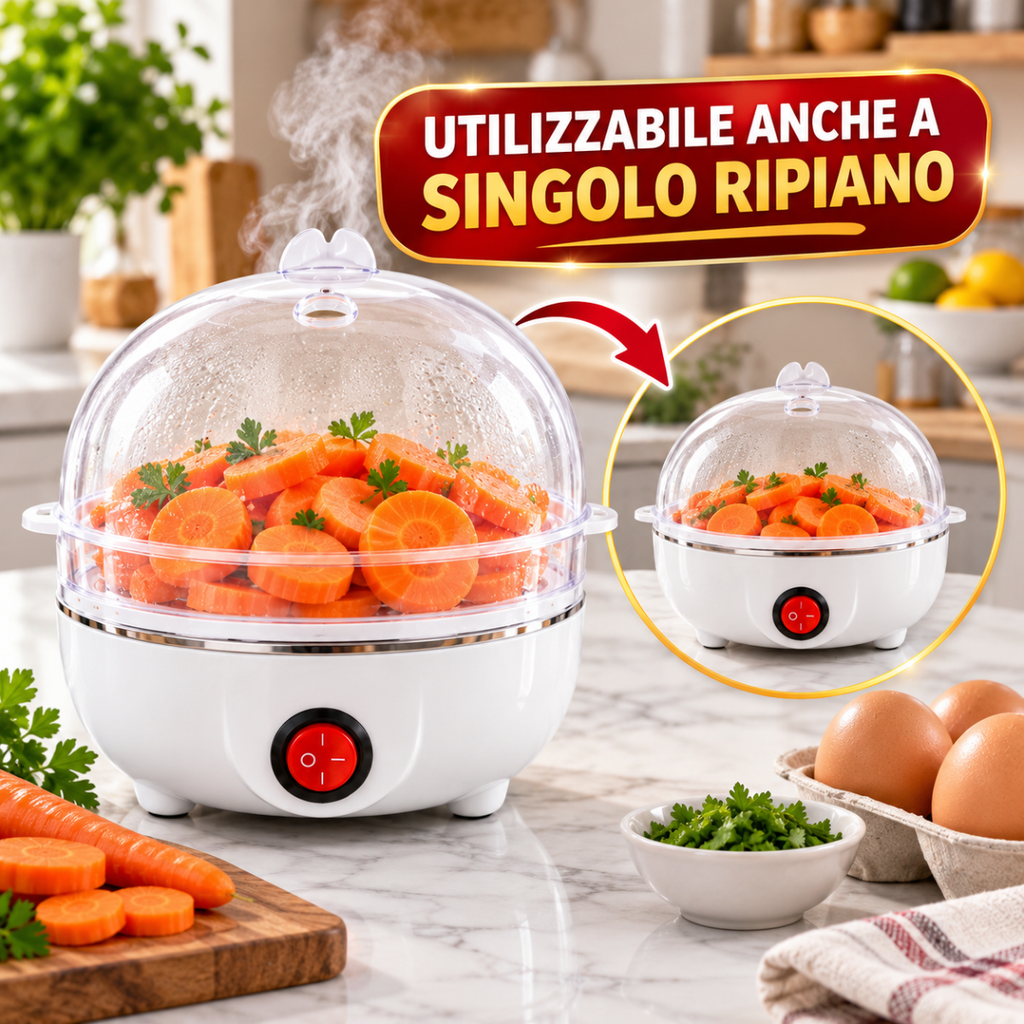 Cuociuova Elettrico 2 in 1 a Vapore Doppio Strato Fino a 14 Uova Multifunzione per Uova e Verdure - | Prendilo Subito