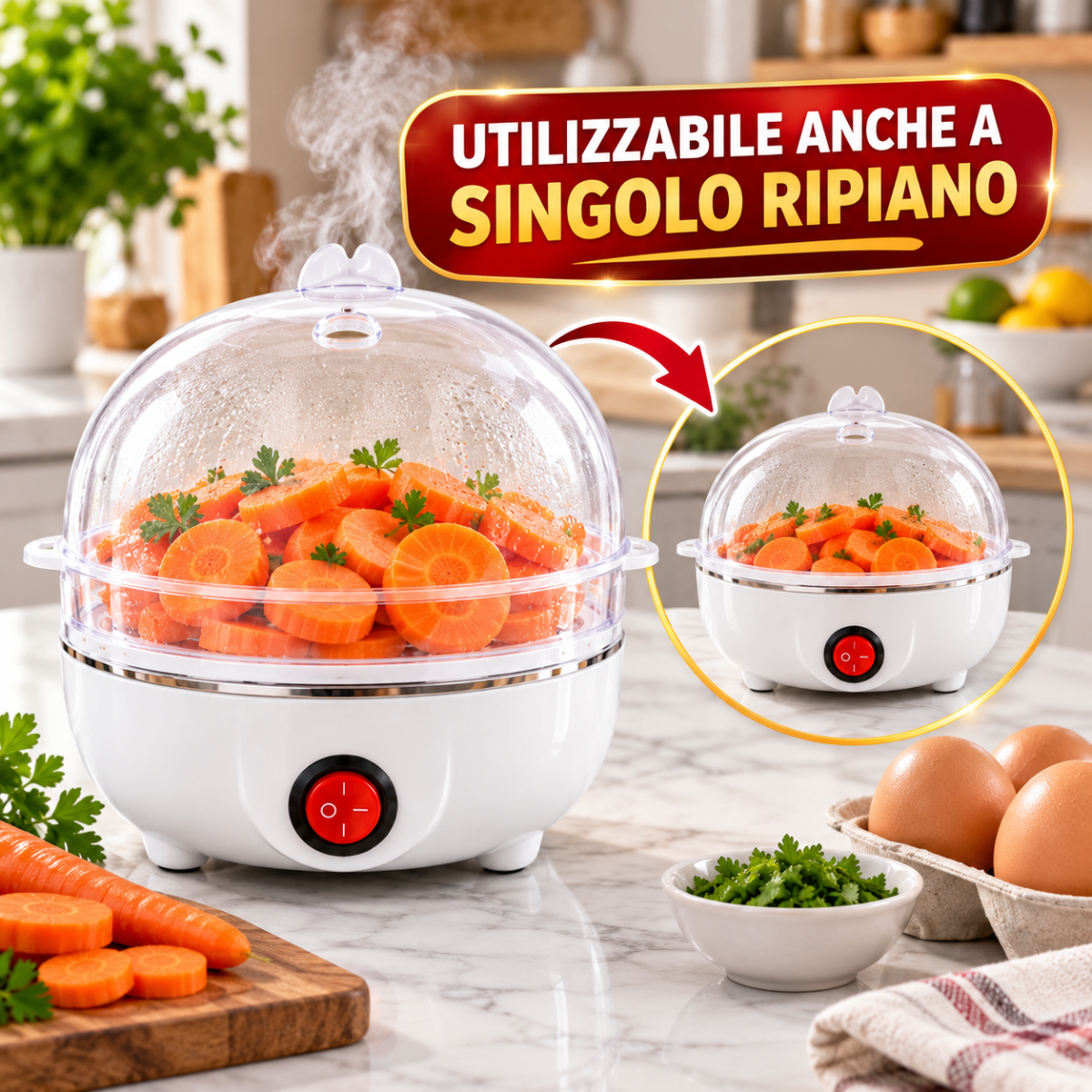Cuociuova Elettrico 2 in 1 a Vapore Doppio Strato Fino a 14 Uova Multifunzione per Uova e Verdure - | Prendilo Subito