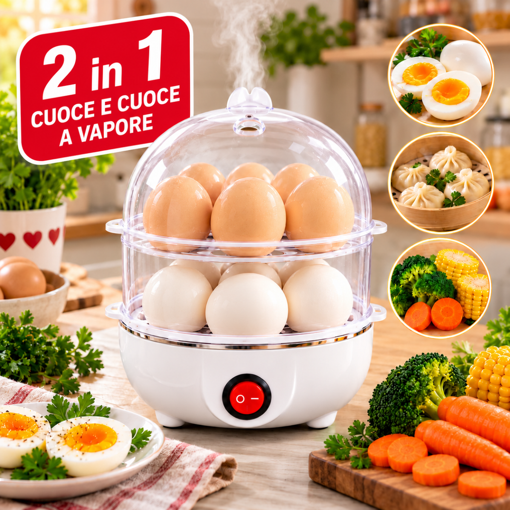 Cuociuova Elettrico 2 in 1 a Vapore Doppio Strato Fino a 14 Uova Multifunzione per Uova e Verdure - | Prendilo Subito