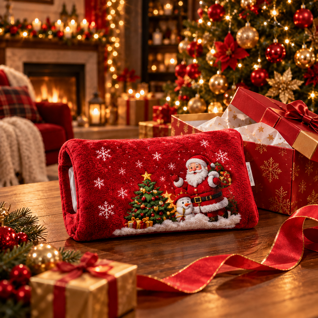 Cuscino riscaldante per mani rosso in peluche, Babbo Natale e pupazzo sulla parte centrale