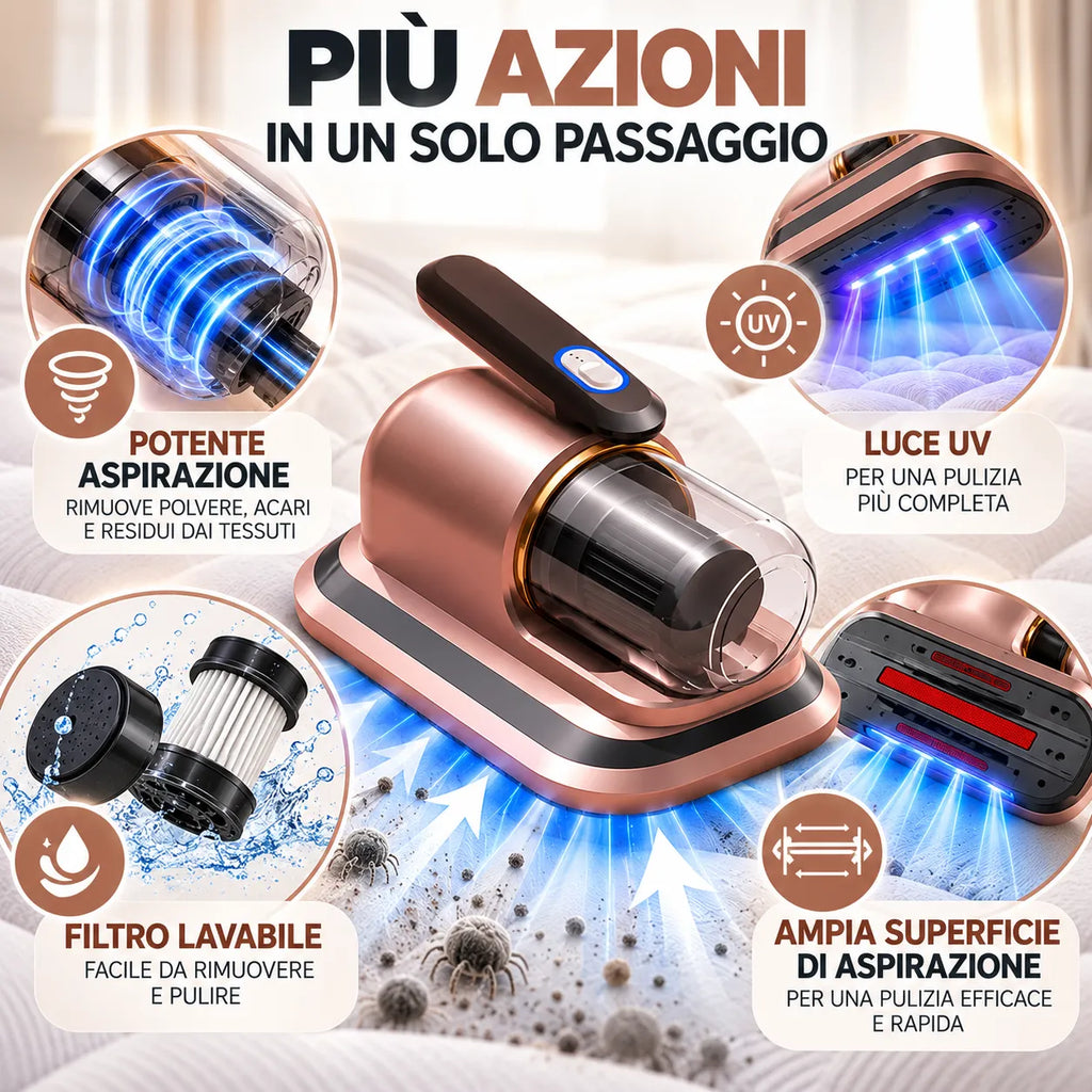Aspirapolvere USB ricaricabile rose gold con luce UV e filtro lavabile