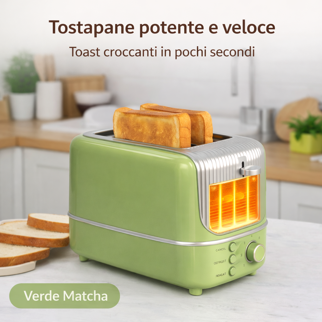 Tostapane a 2 fette verde con slot illuminato e toast dorato sollevato