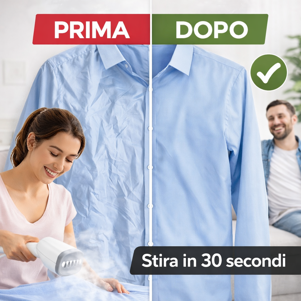 Ferro da stiro portatile a vapore bianco con ugello grigio su camicia azzurra