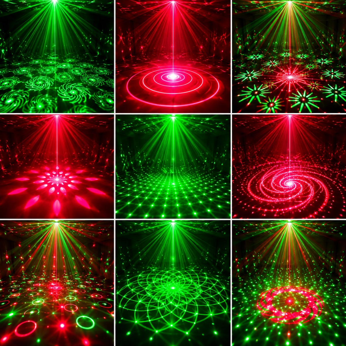 Effetti laser rosso e verde con raggi, cerchi e spirali luminosi