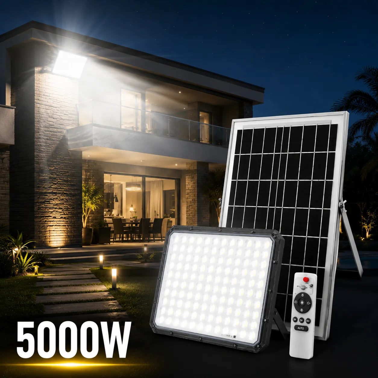Faro LED solare 5000W con pannello e telecomando, luce bianca, corpo nero