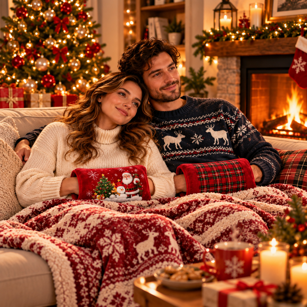 Cuscino riscaldante per mani rosso con stampa Babbo Natale e tasche laterali a plaid