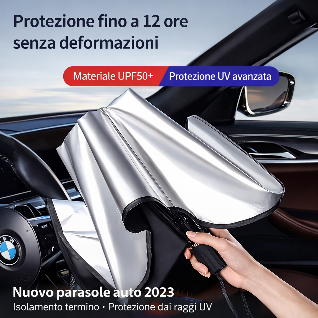 Parasole auto a ombrello argento e nero, superficie riflettente, con impugnatura