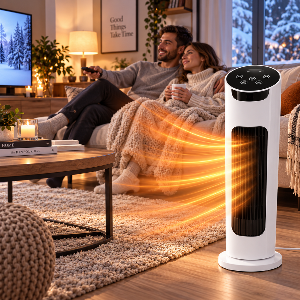 Stufa elettrica verticale bianca con pannello nero e flusso di calore verso l’ambiente.