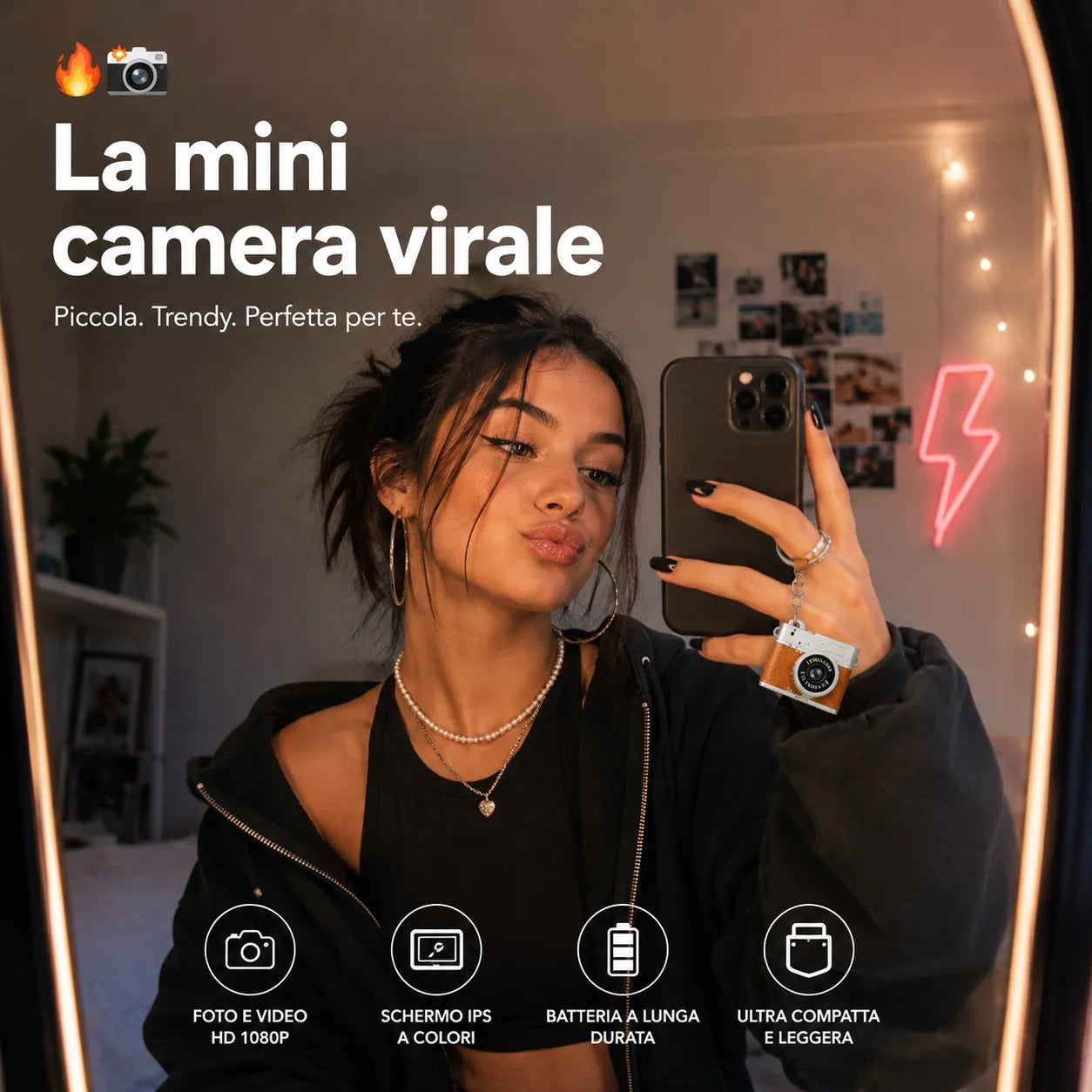 Mini fotocamera portachiavi retrò in mano, corpo argento e rivestimento marrone.