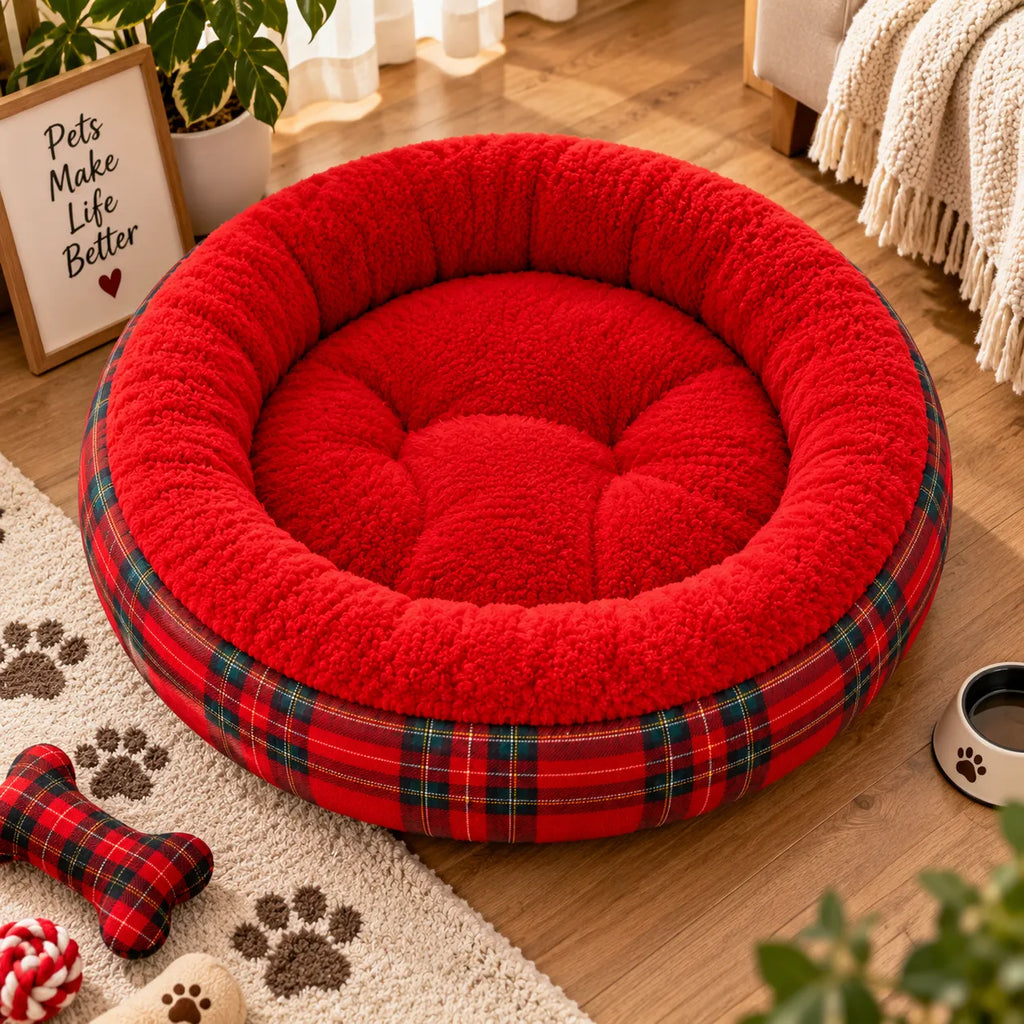 Cuccia rotonda 60x60 cm, interno soffice rosso e fascia esterna tartan